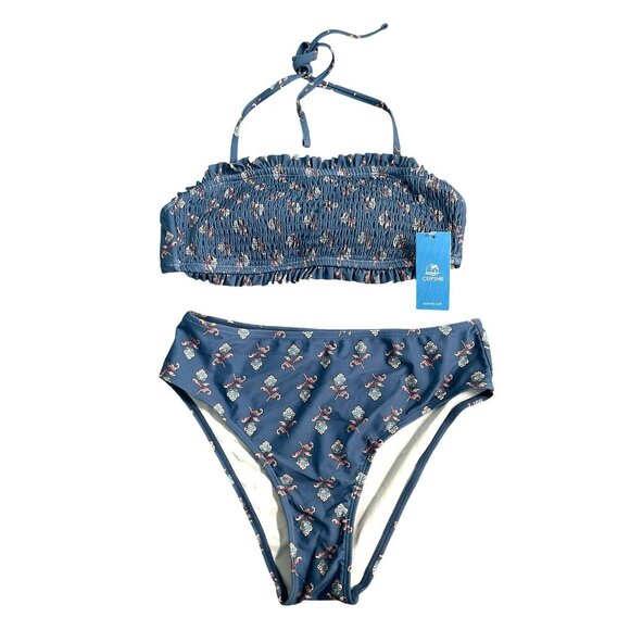 Cupshe Smocked Bikini Bathing Suit Sz Small NWT Teal Floral - Picture 3 of 7